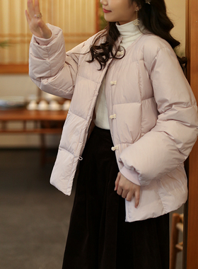 江南范轻中式改良唐装外套假两件连帽面包羽绒服冬季保暖外套通勤