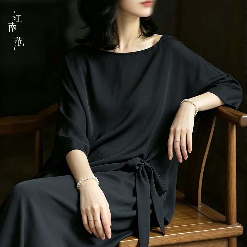 江南范通勤风真丝桑蚕丝七分袖上衣女黑色圆领抽绳收腰显瘦气质衫