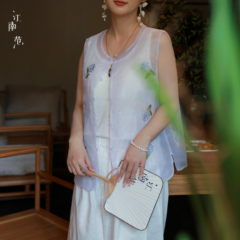 江南范新中式刺绣无袖马甲背心