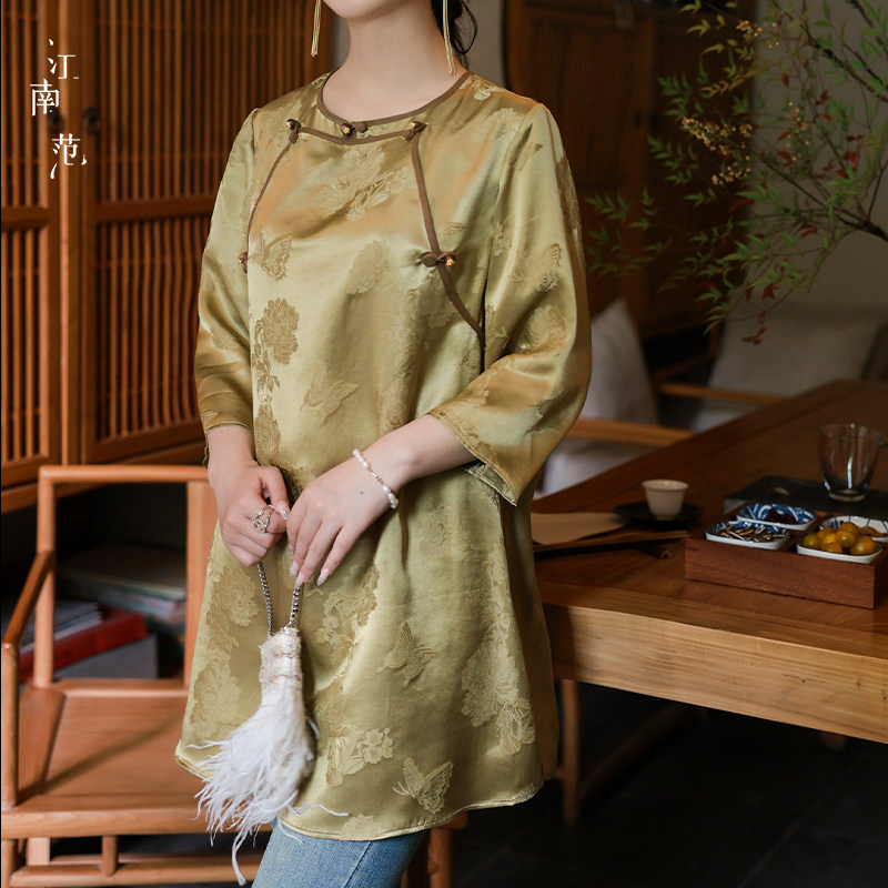 江南范中式复古立领七分袖桑蚕丝上衣女宽松中长款咖绿色套头衫