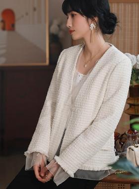 江南范小香风白色V领短外套2025春真丝欧根纱相拼气质温柔风开衫