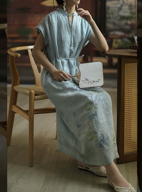 江南范新式改良汉服连衣裙夏绣花蓝色立领复古文艺年轻款日常长裙