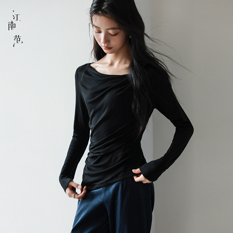 江南范荡领褶皱长袖T恤女黑色图片
