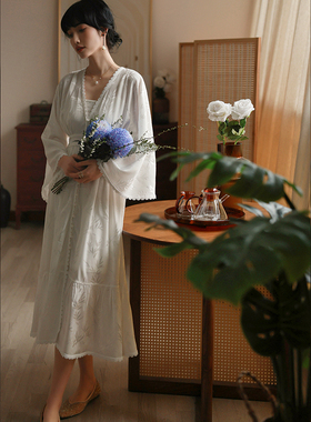 江南范新式白色竹叶提花改良汉服连衣裙2025春V领通勤国风中长裙