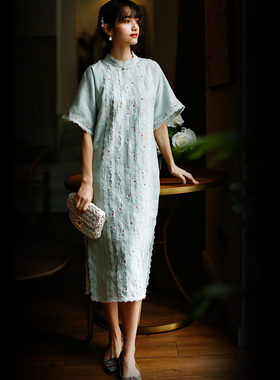 江南范平时穿年轻款旗袍式连衣裙夏女日常气质小清新苎麻改良旗袍