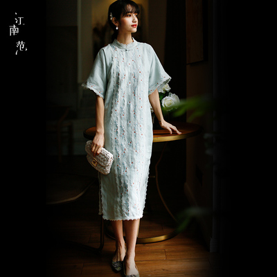 江南范平时穿年轻款旗袍式连衣裙夏女日常气质小清新苎麻改良旗袍