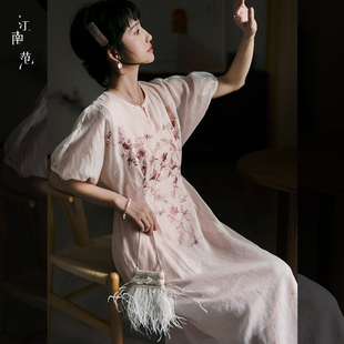 江南范新中式改良汉服连衣裙2025夏刺绣国风a摆苎麻收腰系带日常