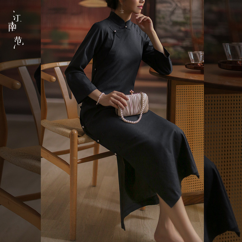 江南范新中式改良旗袍全开襟复古藏青羊毛教师学院风学生民国风