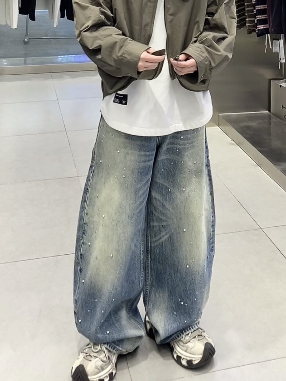 2026新款春装美式高街设计感珍珠破牛仔裤男女弯刀裤复古宽松
