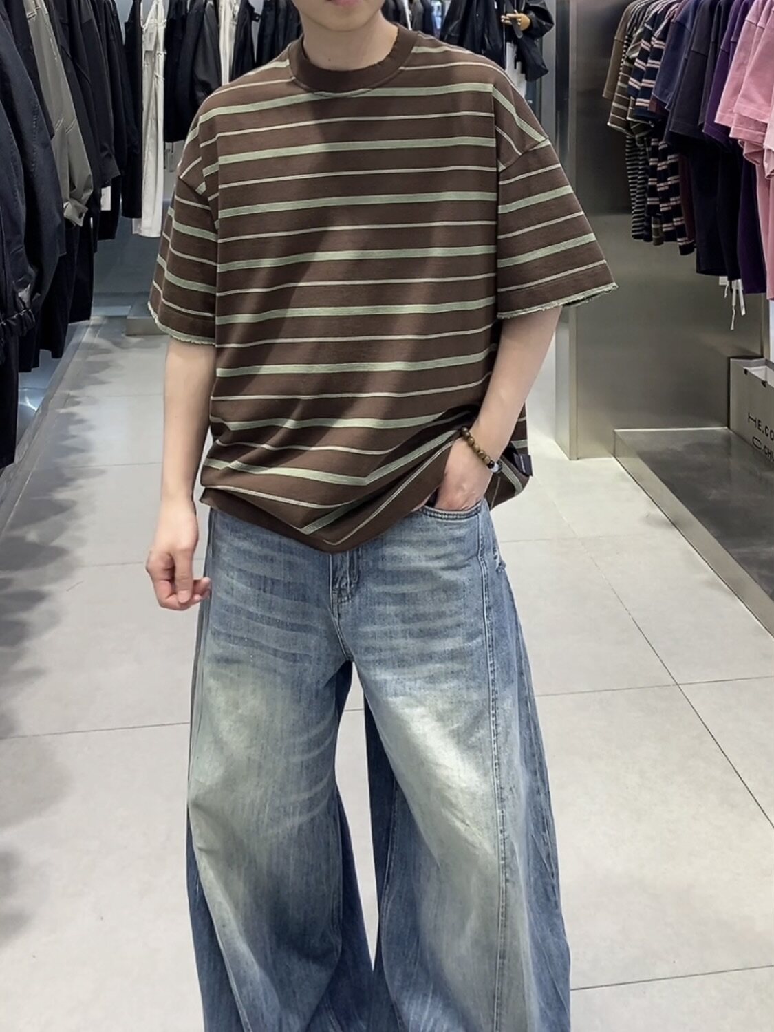 2026新款春装圆领条纹短袖T恤男半袖上衣时尚百搭休闲宽松