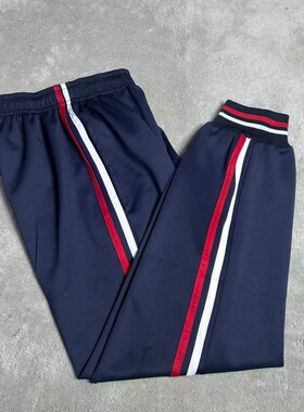 春秋藏蓝色束脚白红螺纹男女同款初高中小学生南韩丝运动裤校服裤
