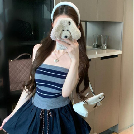 纯欲撞色条纹抹胸针织衫背心夏季设计感修身显瘦小众别致短款上衣