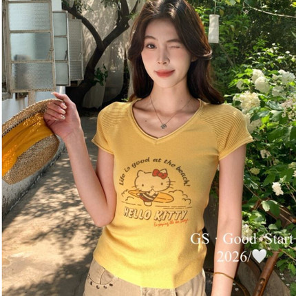 韩系卡通图案短袖针织衫夏季新款修身显瘦甜美时尚百搭短款上衣