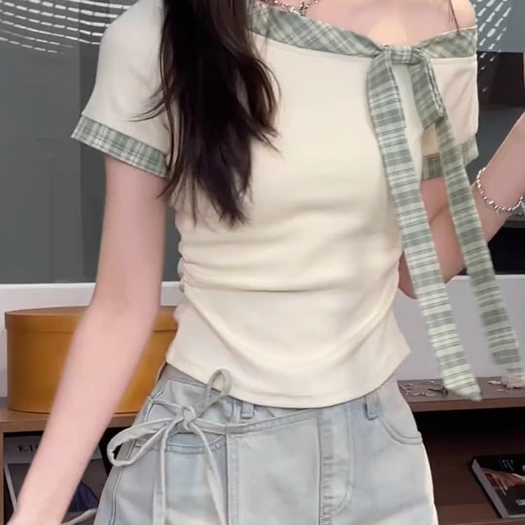 法式甜美风拼接条纹绑带蝴蝶结设计感短袖t恤女夏季气质显瘦上衣