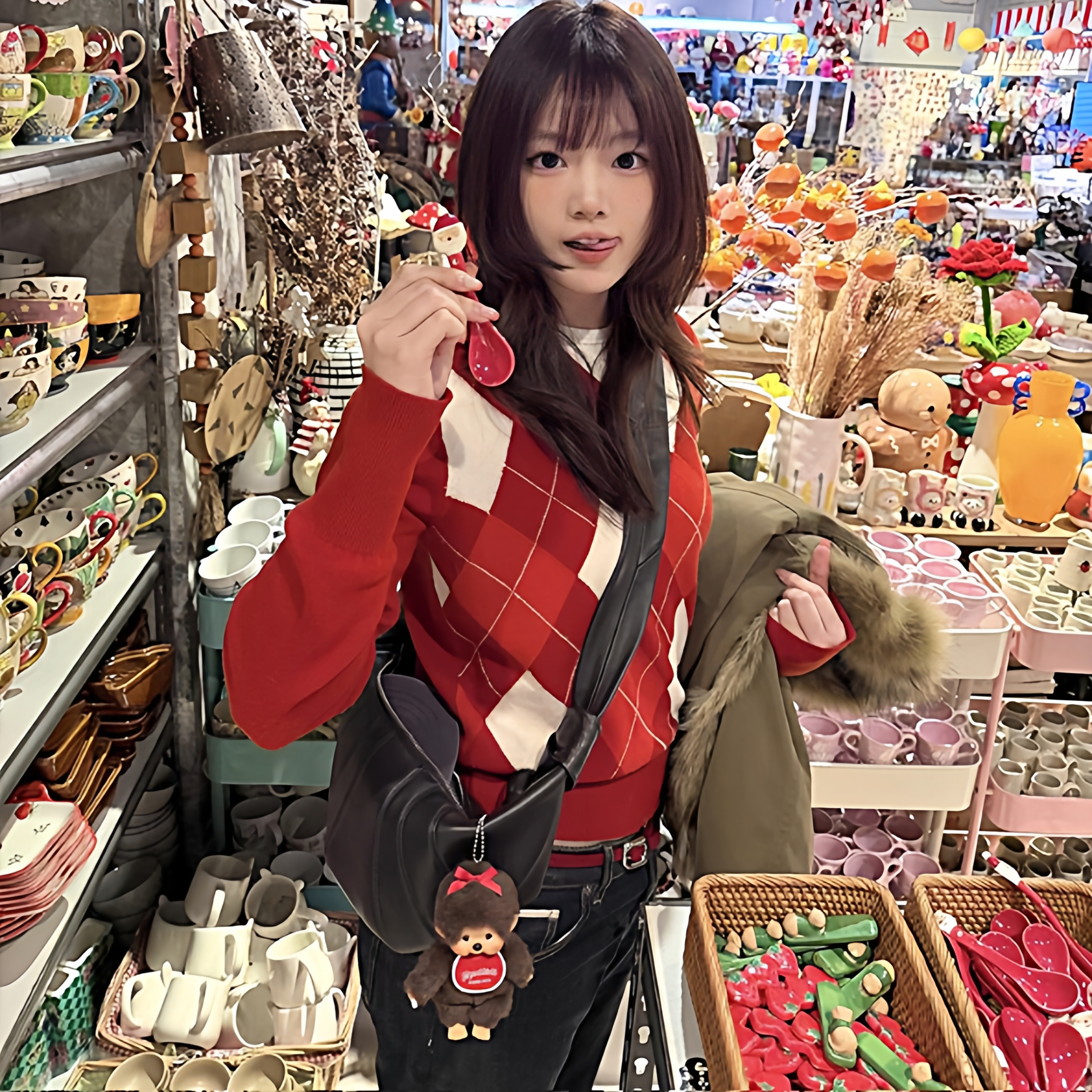 红色菱格针织衫女秋冬高级感上衣