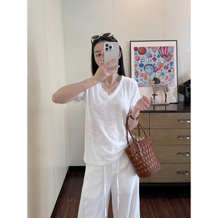 松弛感蕾丝拼接棉麻上衣设计感小众女夏季高级感白色短袖v领t恤潮