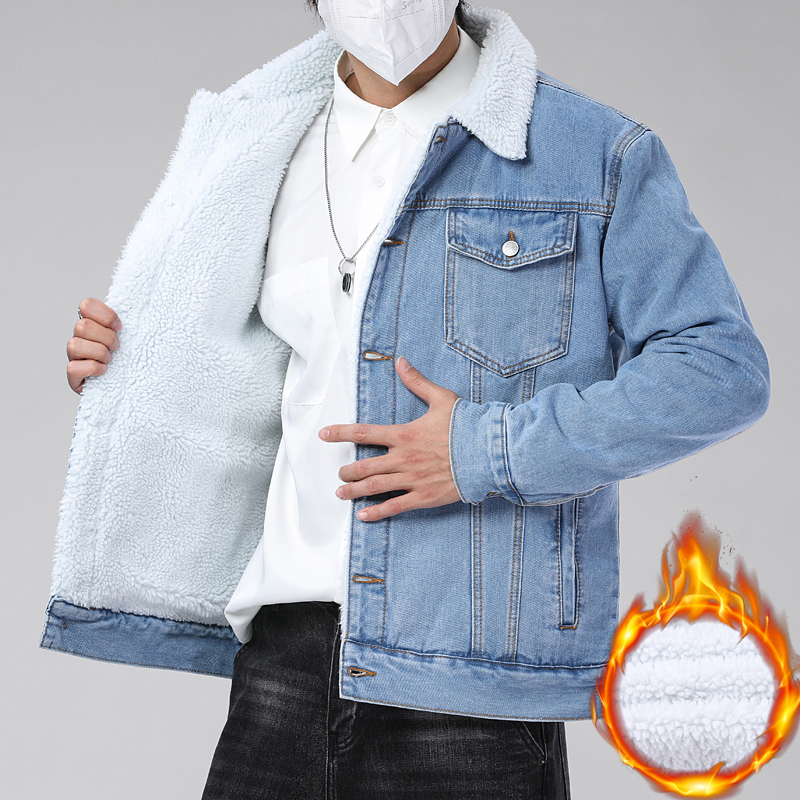 日系复古羊羔绒棉衣男冬季加绒加厚牛仔外套百搭帅气棉服修身棉袄