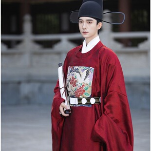 男士汉服圆领长袍唐代古装成人江湖少爷服一品文官补服仙鹤暗纹云
