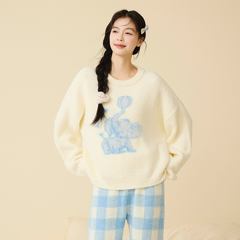 软绵绵半边绒睡衣女秋冬季可爱风圆领甜美家居服套装保暖可外穿