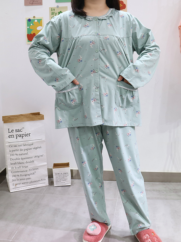 春秋睡衣特大码中老年人加肥加大胖mm妈妈装圆领纯棉套装女200斤