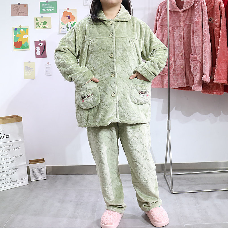 加肥加大码200斤睡衣女士秋冬加厚保暖法兰绒套装胖MM家居服宽松