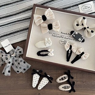 韩儿童黑白波点蝴蝶结发夹椭圆BB夹鸭女孩刘海夹甜美纱结发圈头绳