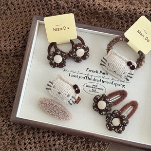 少女可爱奶茶色猫咪毛绒发圈儿童小猫咪鸭嘴夹咖碎花BB夹刘海夹子