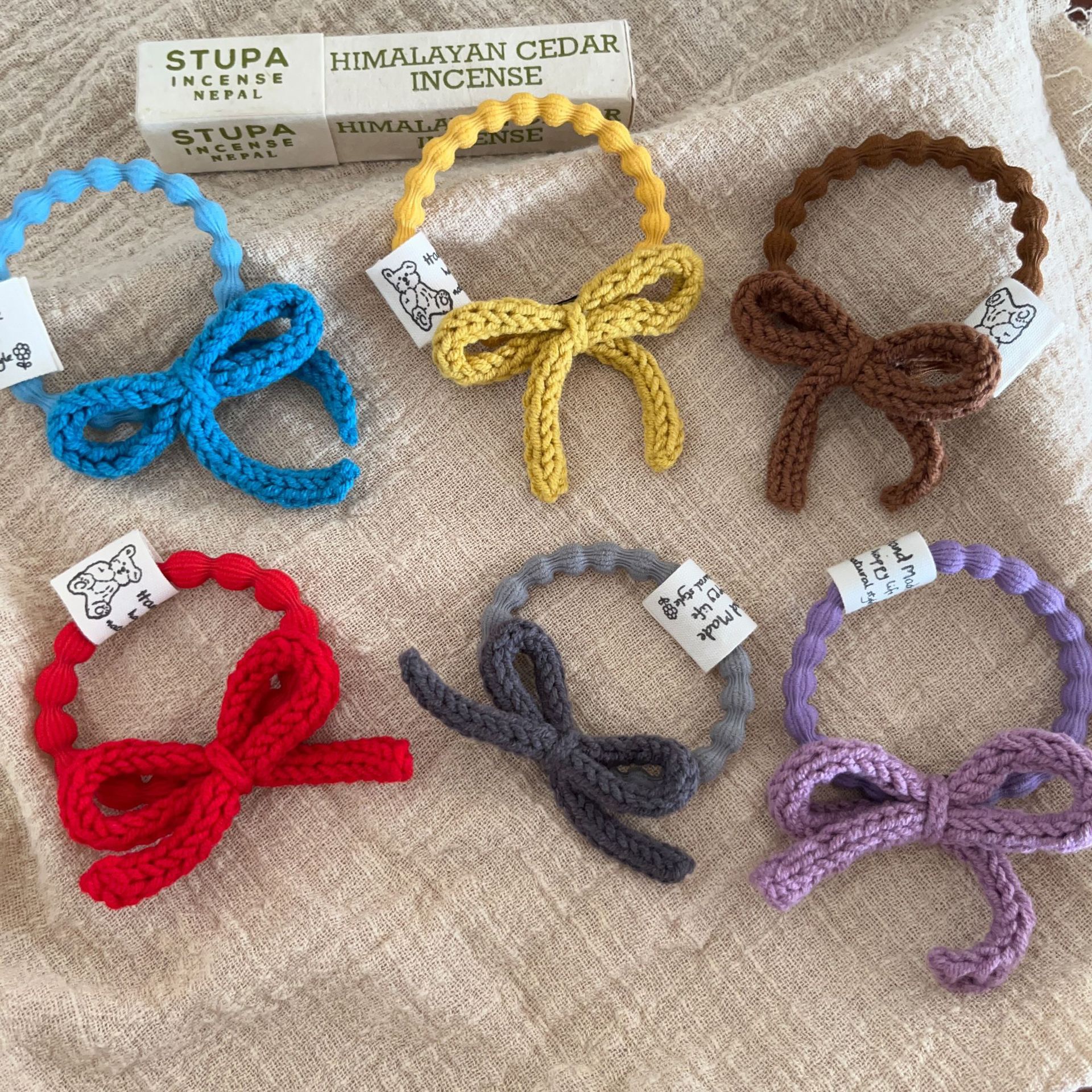 少女甜美针织蝴蝶结发圈学生糖果色毛线结头绳小女孩加粗豆豆皮筋