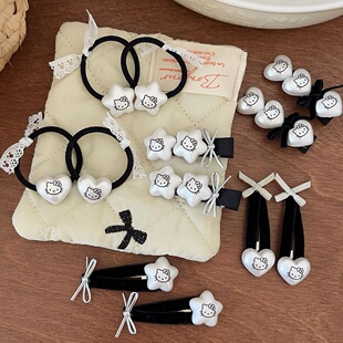 韩女童黑白猫咪蕾丝发圈女孩甜美星星爱心刘海碎发夹儿童头绳皮筋