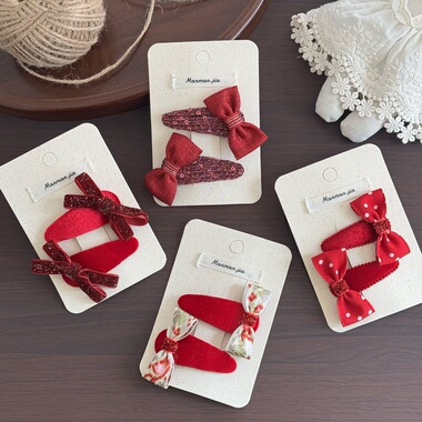 新年红色蝴蝶结发夹儿童新年拜年发饰小女孩甜美丝绒爱心鸭嘴夹子