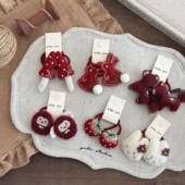 新年儿童安哥拉红小马发圈女童酒红毛绒兔头绳女孩甜美红草莓头圈