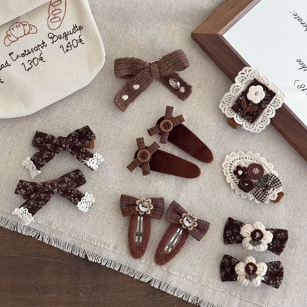 韩版女孩咖碎花蝴蝶结发夹儿童布艺丝绒掰掰夹女童刘海夹毛线花夹