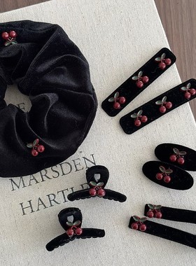 韩少女樱桃发夹学生甜美黑色丝绒大肠圈女童鸭嘴夹儿童长方大BB夹