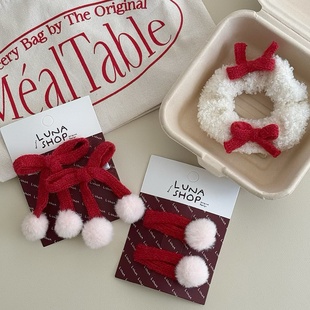 甜美少女羊羔毛绒发圈马尾丸子头绳儿童红毛线蝴蝶结发夹毛球BB夹