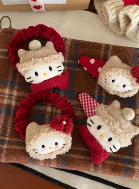 少女红色毛绒猫猫发绳发夹学生可爱波点格子BB夹丸子头皮筋大肠圈