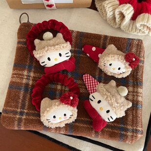 少女红色毛绒猫猫发绳发夹学生可爱波点格子BB夹丸子头皮筋大肠圈