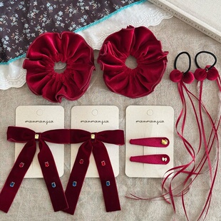 少女新年红丝绒蝴蝶结发夹儿童甜美发圈女孩过年拜年发箍头绳BB夹