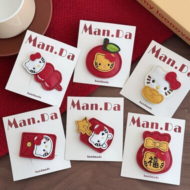 少女喜庆红色福袋猫发夹女童可爱红包猫咪边夹女皮质新年苹果BB夹