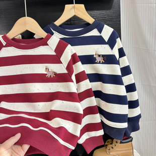 小马儿 冬季加绒男童装卫衣儿童宝宝条纹宽松休闲圆领红色