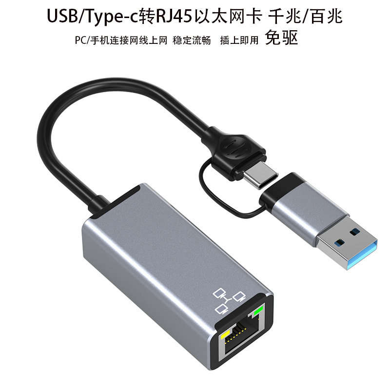 typec/usb转网口线rj45千兆网卡测试适用苹果笔记本平板安卓手机