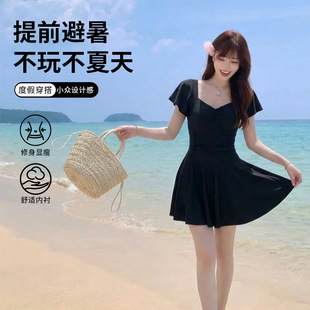 温泉海边游泳衣 吊带连体泳衣女纯欲风感保守显瘦遮肉韩版