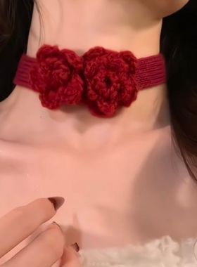 氛围感气质针织花朵项链小众秋冬配饰锁骨链饰品女项饰