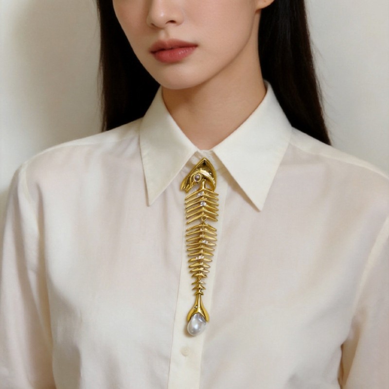 欧美夸张个性金属大鱼骨珍珠流苏领口胸针走秀时髦配饰