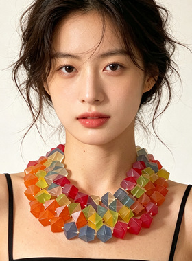马卡龙色几何串珠项链女小众撞色果冻彩珠度假风项链