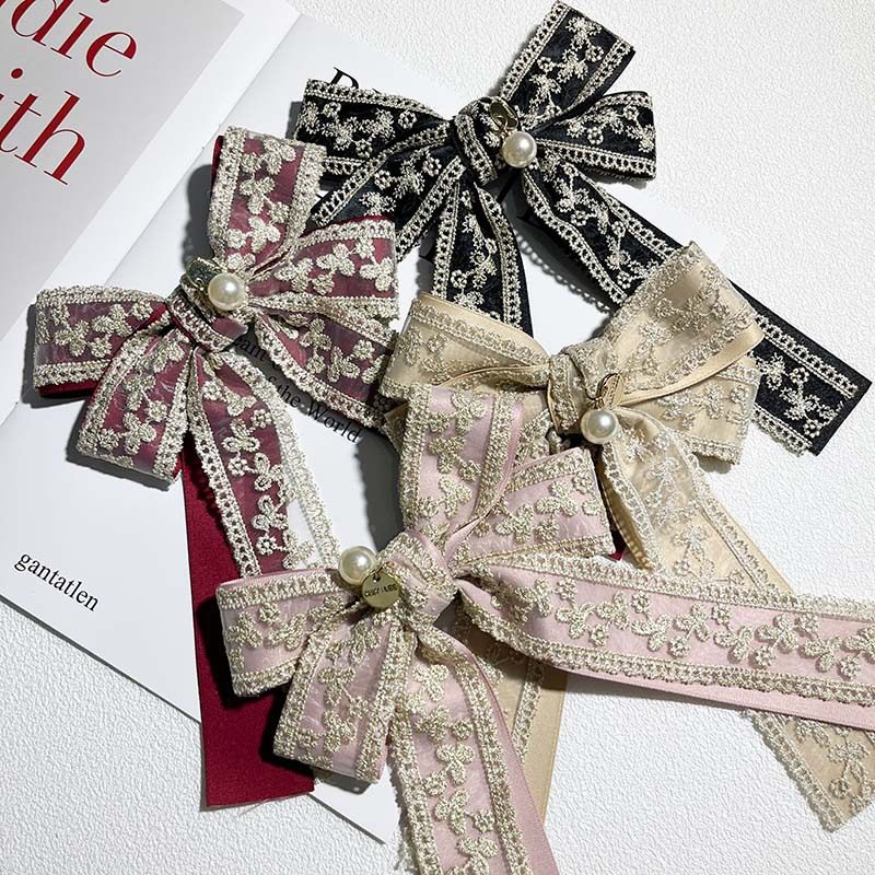 古风领结蝴蝶结领花小夹子别针款配饰布艺胸针珍珠点缀衬衫配饰女