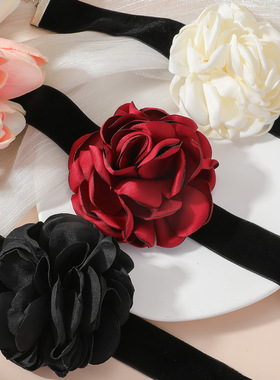 新款酒红花朵大码脖围颈链饰品项链时尚女士穿搭