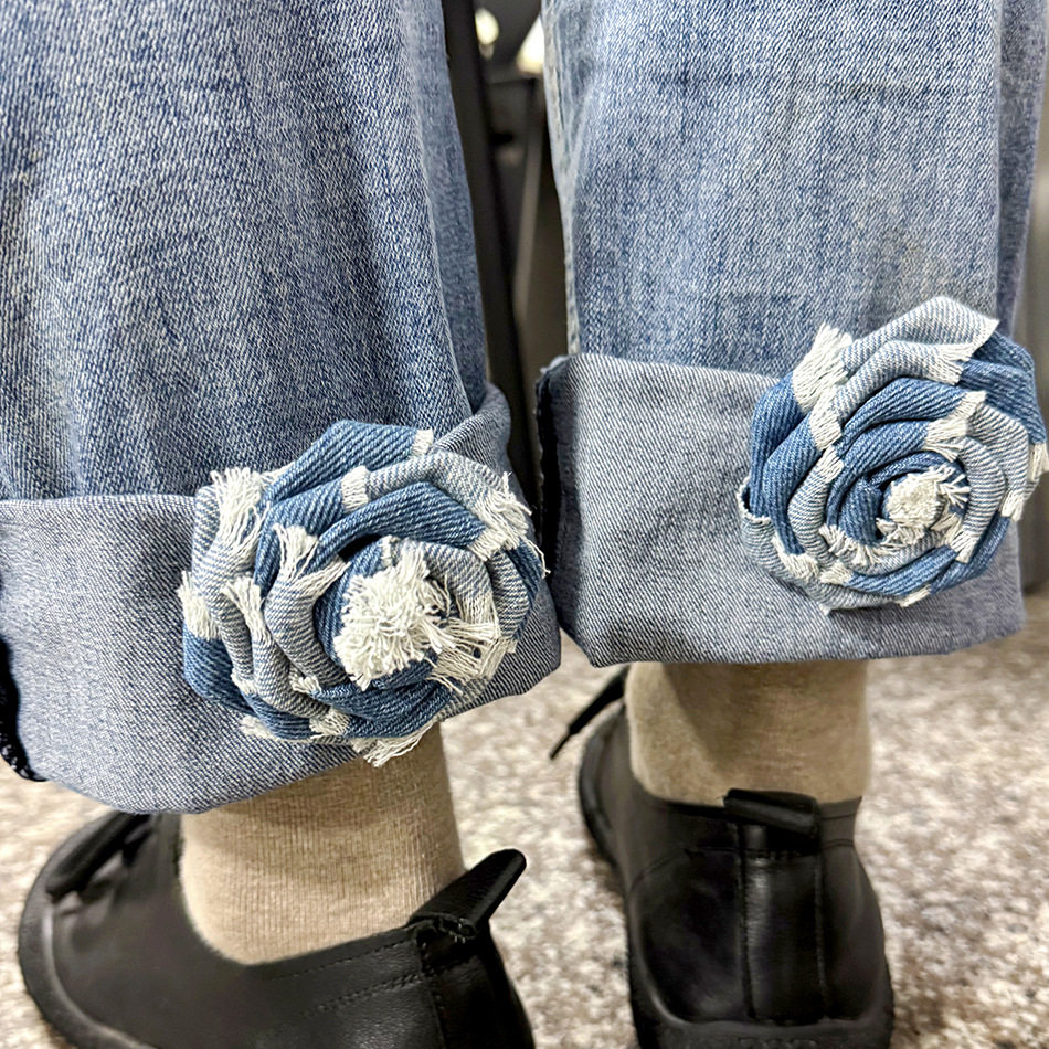 牛仔布艺山茶花胸花别针立体手工毛边玫瑰胸针鞋帽服饰配饰
