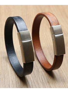 欧美朋克不锈钢钢色扣牛皮手链饰品男士牛皮光面手腕带皮手链