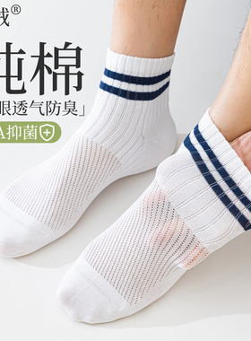 袜子男短袜春夏季薄款纯棉抑菌防臭夏天网眼透气白色无骨中短筒袜