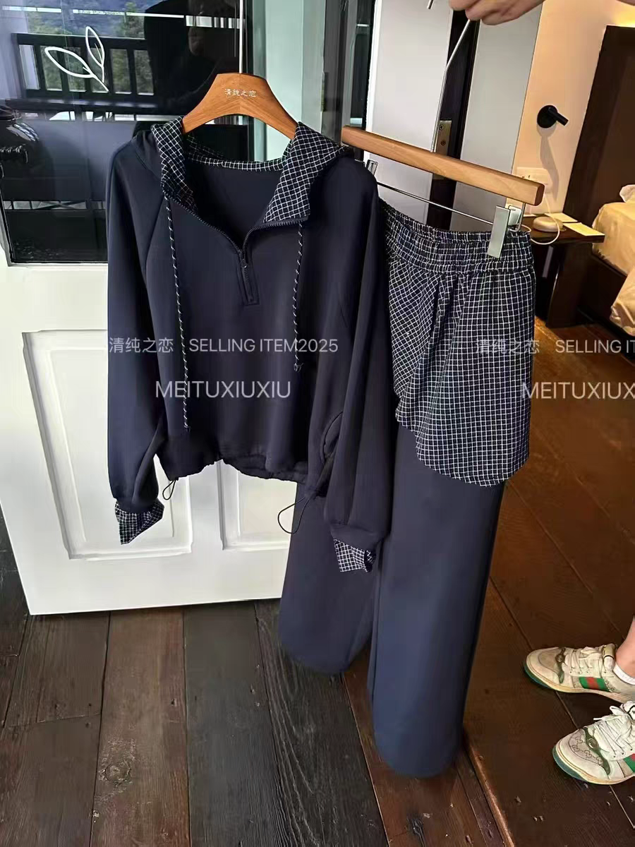 撞色拼接格子连帽长袖卫衣女+阔腿裤两件套女2025秋季新款套装潮